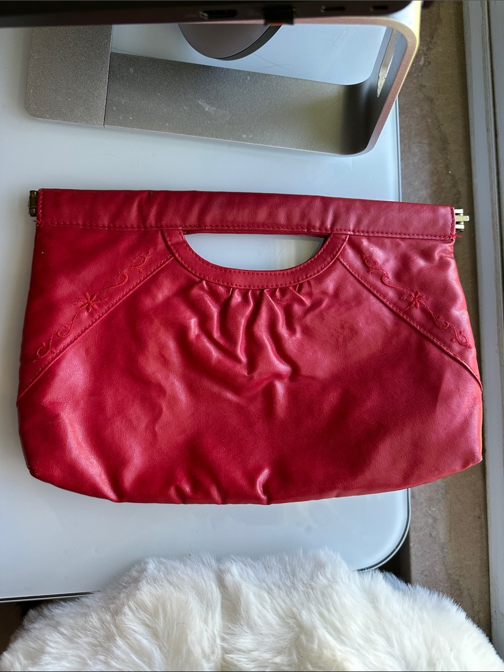 Red Clutch Embroidered Faux Leather Women Pouch Bag‎ Handbag Soft Purse Party